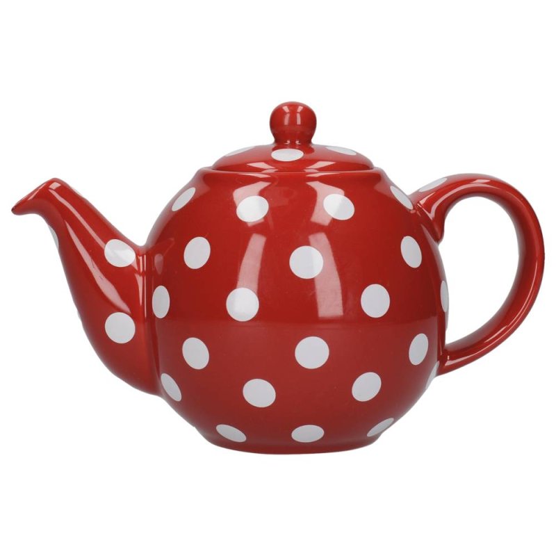 London Pottery Globe Teapot 6 Cup Red White Spot