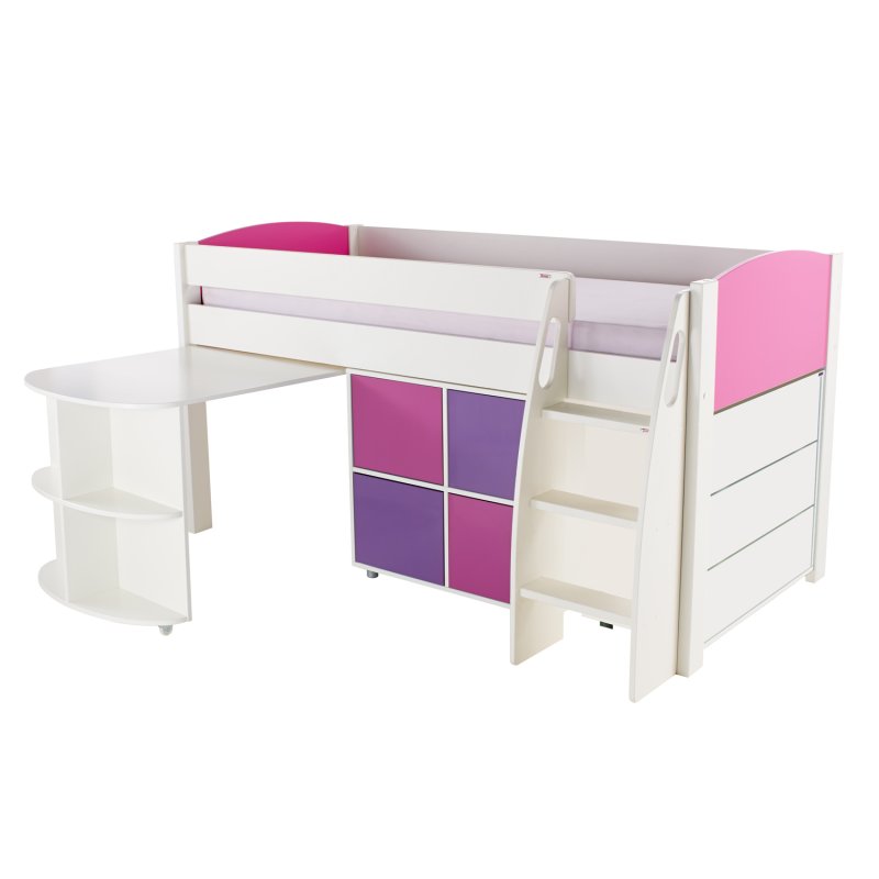 Stompa Duo Uno S Midsleeper Inc Pull Out Desk & Cube Unit & Chest Of Drawers Pink