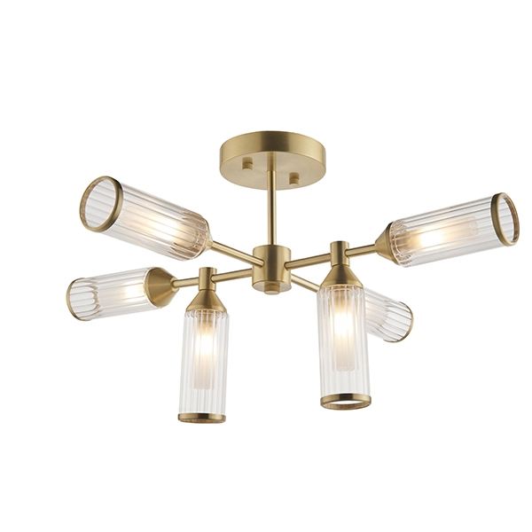 Olave Ribbed & Frosted Glass Satin Brass Semi-Flush