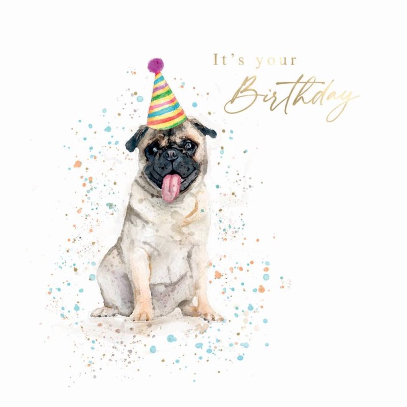 Pug With Party Hat Birthday Card