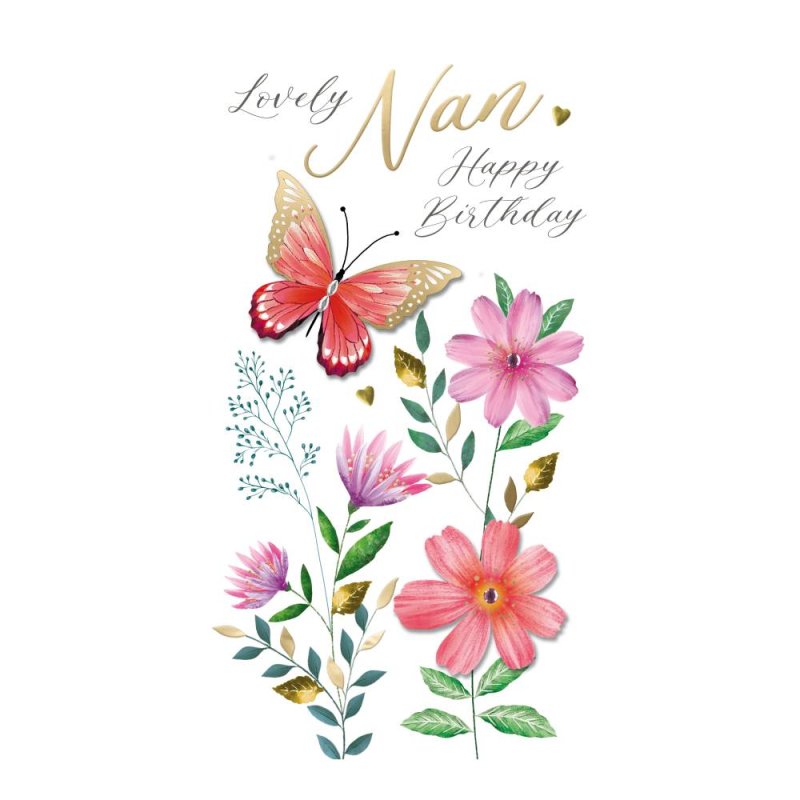 Nan - Butterfly and Flowers Birthday Card