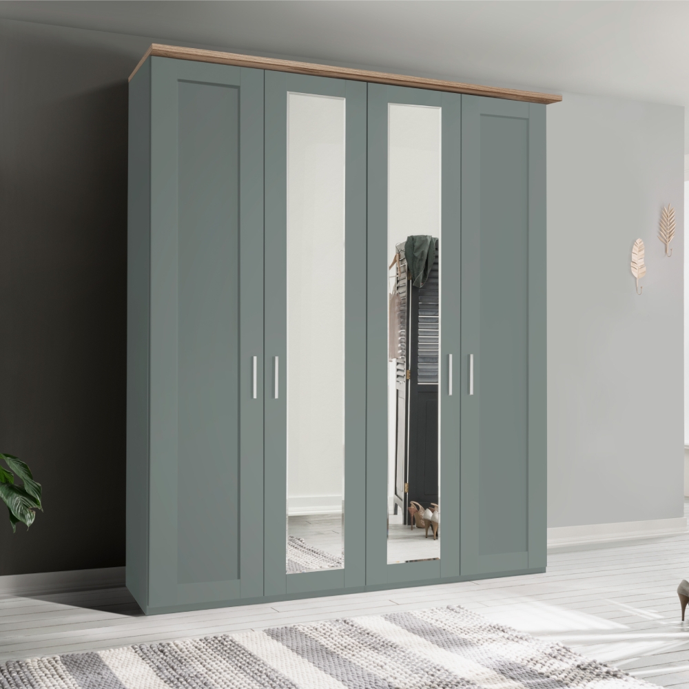 Coniston 4 Door Wardrobe (2 Mirrored) Sage Green & Nordic Oak Glasswells