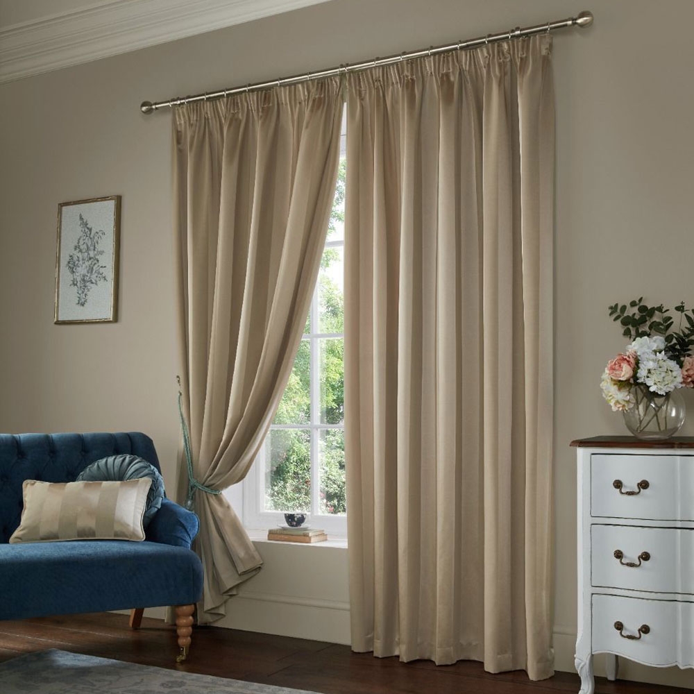 Laura Ashley Lille Stripe Pencil Pleat Headed Curtains Truffle Natural