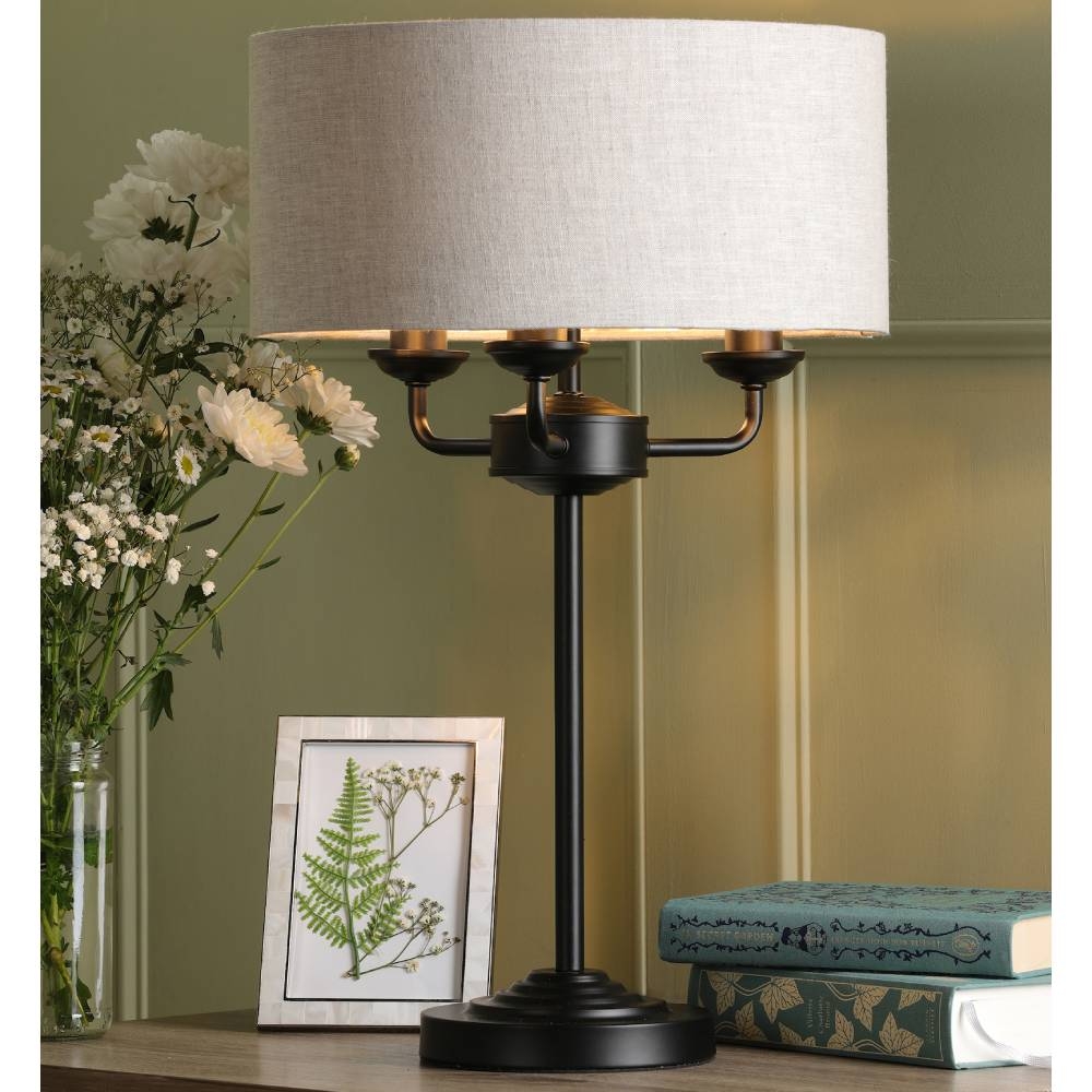 Laura Ashley Sorrento Matt Black 3 Light Table Lamp with Natural Shade ...