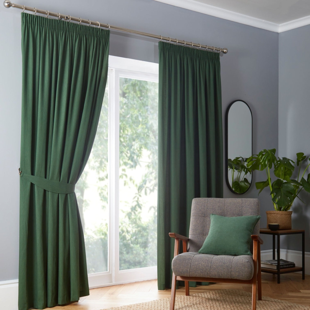 Fusion Dijon Pencil Headed Curtain Lined Bottle Green - Glasswells