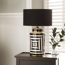 Black & White Optic Stripe Table Lamp & 30cm Black Drum Shade
