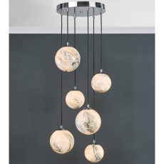 Dar Mikara 6 Light Cluster Pendant Marble Effect Glass & Polished Chrome