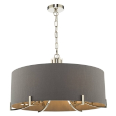Veyron 6 Light Pendant Polished Nickel Grey Faux Silk Shade