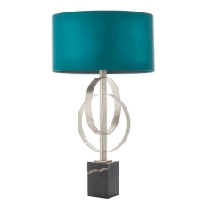 Double hoop silver leaf table light with teal shade