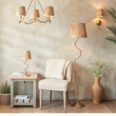 Wriggle-Shaped Floor Light Brushed Aged Brass & Raffia Shade