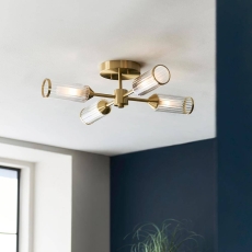 Semi-Flush Ceiling Light Satin Brass & Ribbed Glass