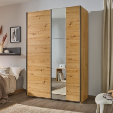 Spirea 2 Door (1 Mirror) Sliding Wardrobe W131cm Artisan Oak With Metallic Grey Handles