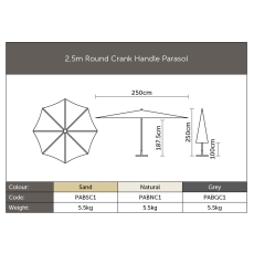 2.5m Round Crank Handle Parasol UV50+ Fabric Canopy - Sand