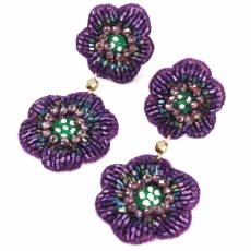 Purple Flower Beaded Drops Earrings