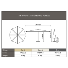 3.0m Round Crank Handle Parasol UV50+ Fabric Canopy - Grey