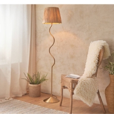 Wriggle-Shaped Floor Light Brushed Aged Brass & Raffia Shade