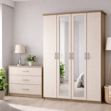 Charlton 4 Door 2 Mirror Wardrobe Gloss Pearl & Lorenzo Oak