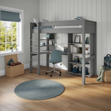 Stompa Classic High Sleeper With Desk, Shelving & Tall Bookcase Grey