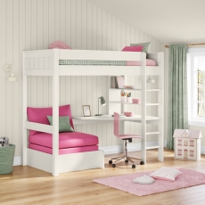 Stompa Classic High Sleeper With Desk, Shelving & Pink Chair Bed White