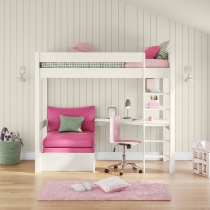 Stompa Classic High Sleeper With Desk, Shelving & Pink Chair Bed White