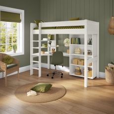 Stompa Classic High Sleeper With Desk, Shelving & Tall Bookcase White