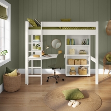 Stompa Classic High Sleeper With Desk, Shelving & Tall Bookcase White