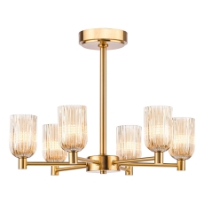 Dar Hilaria 6 Light Semi-Flush Antique Gold and Amber Ribbed Glass