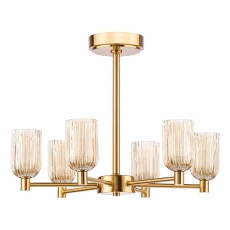 Dar Hilaria 6 Light Semi-Flush Antique Gold and Amber Ribbed Glass