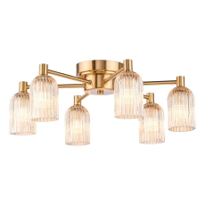 Dar Hilaria 6 Light Flush Antique Gold and Amber Ribbed Glass