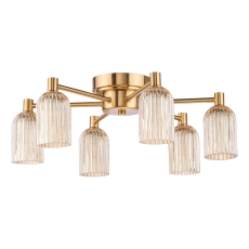 Dar Hilaria 6 Light Flush Antique Gold and Amber Ribbed Glass
