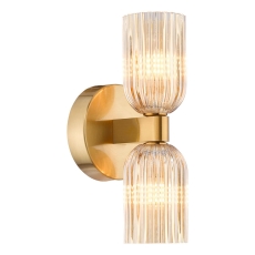 Dar Hilaria 2 Light Bathroom Wall Light Antique Gold and Amber Ribbed Glass IP44