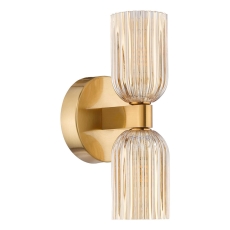 Dar Hilaria 2 Light Bathroom Wall Light Antique Gold and Amber Ribbed Glass IP44
