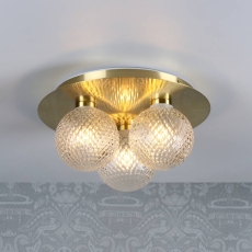 Laura Ashley Prague 3lt Flush Light Satin Brass Glass IP44