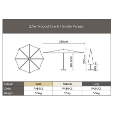 Bramblecrest 2.5m Round Crank Handle Parasol Sand UV50+ Fabric Canopy