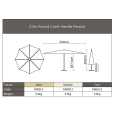 2.5m Round Crank Handle Parasol UV50+ Fabric Canopy - Sand
