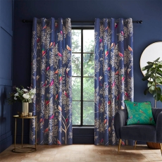 Sara Miller Smokey Birds Eyelet Headed Curtains Blue