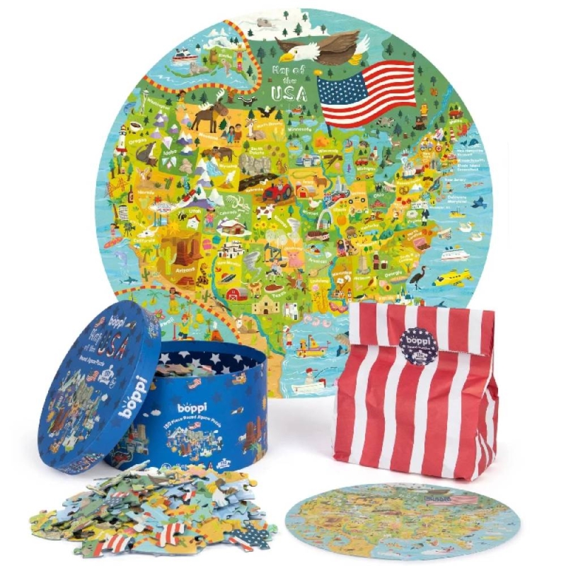 Boppi 150pc Round Jigsaw Puzzle - USA State Map