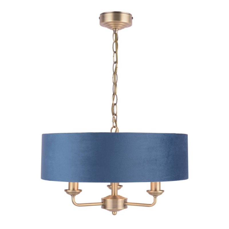 Laura Ashley Sorrento 3 Light Pendant Matt Antique Brass with Blue Shade