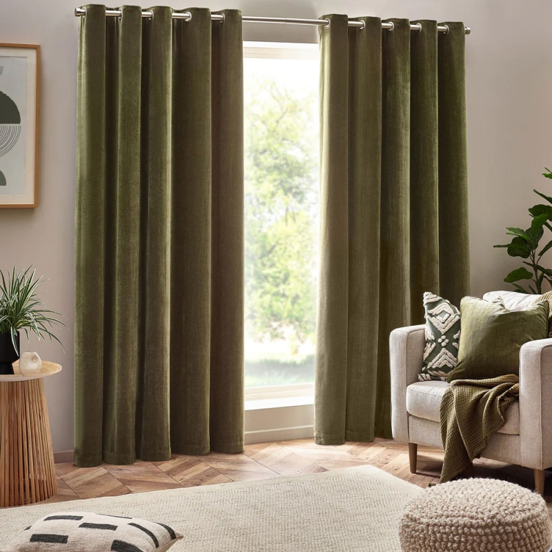 Heavy Chenille Eyelet Headed Curtains Olive