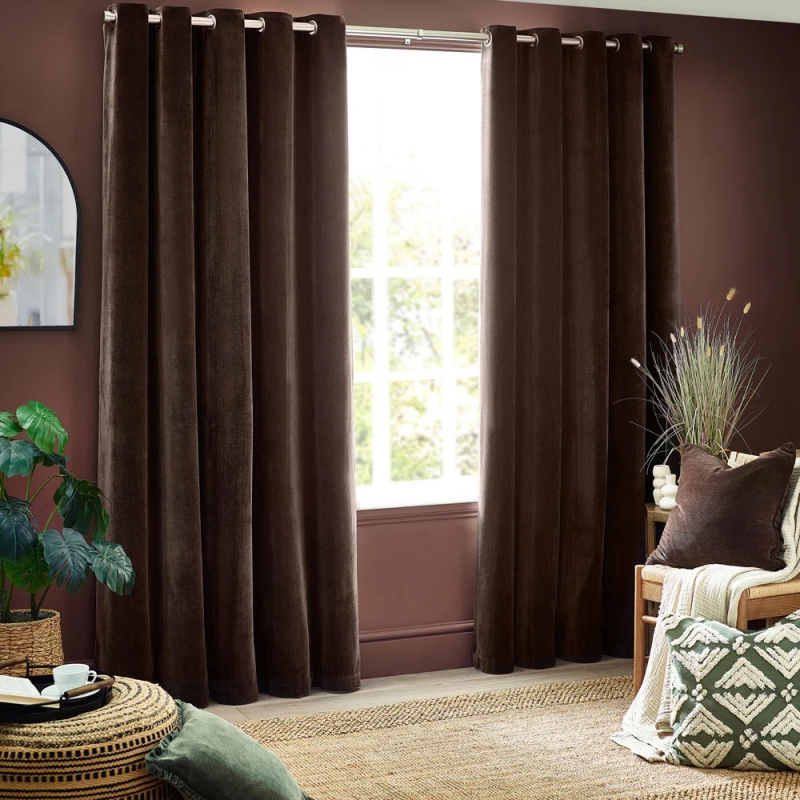 Heavy Chenille Eyelet Headed Curtains Brown