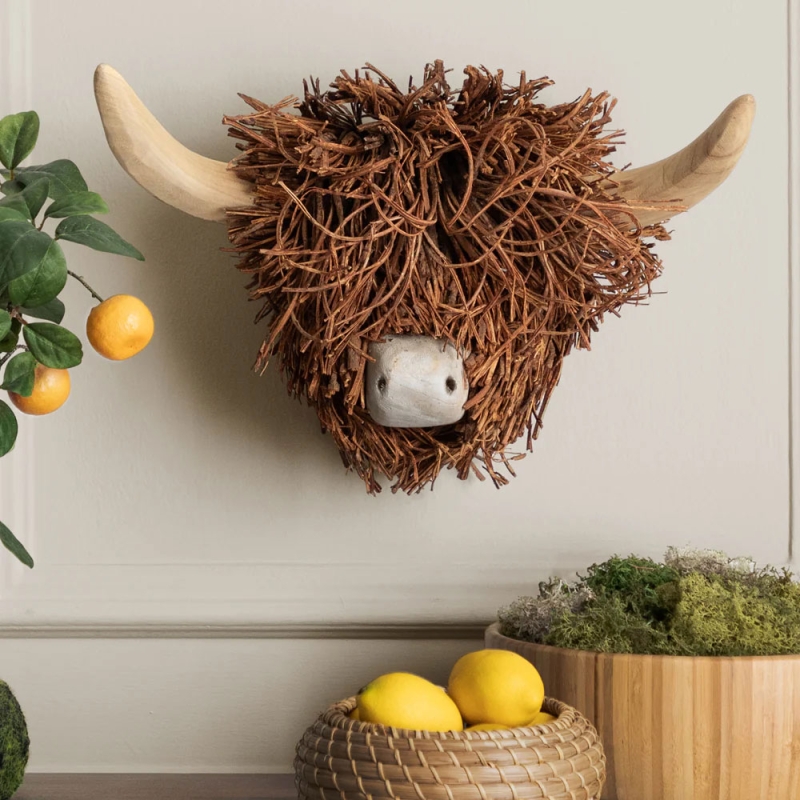 Highland Cow Wall Mounted Hand Crafted Wooden Sculpture Brown