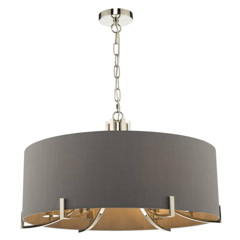 Veyron 6 Light Pendant Polished Nickel Grey Faux Silk Shade