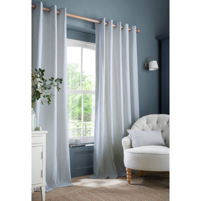 Cornish Chenille Stripe Eyelet Headed Curtain Slate Blue