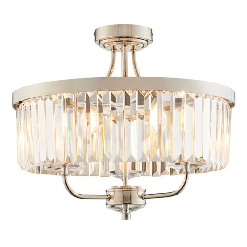 Round Bright Nickel Cut Glass Flush Ceiling Light