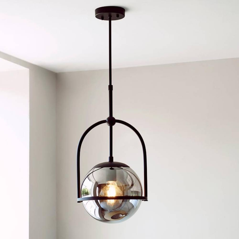 MATT BLK SGL PENDANT W/GREY TINTED GLASS & ADJ STEM