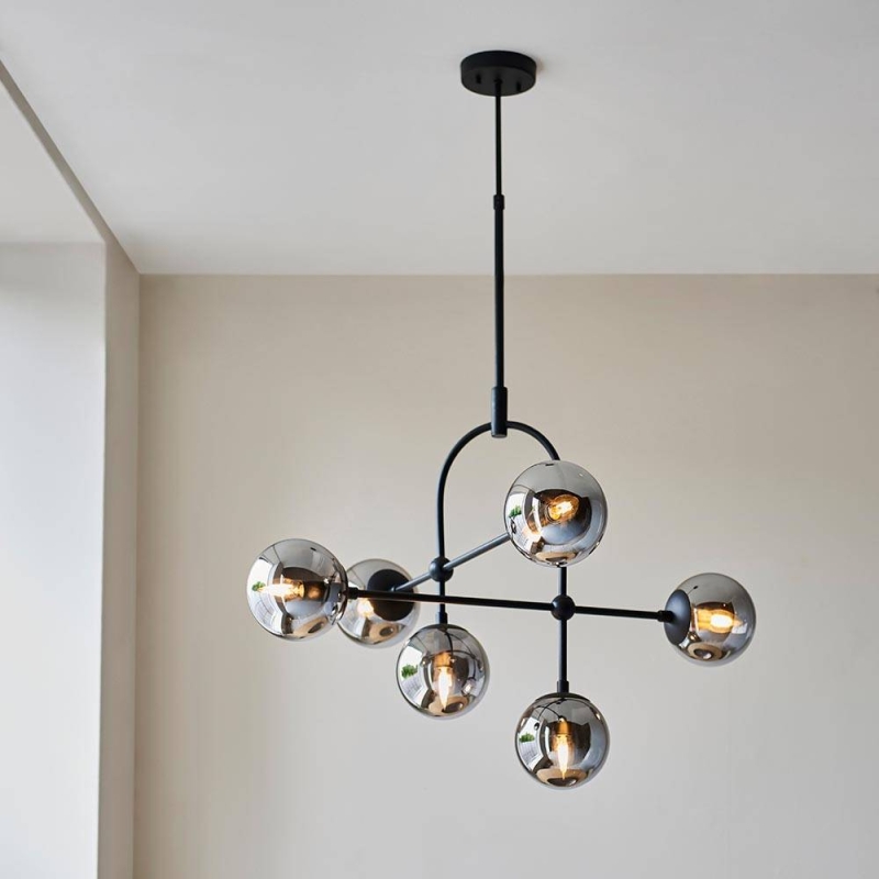 Matt Blak Multi Arm Pendant with Grey Tinted Glass. 