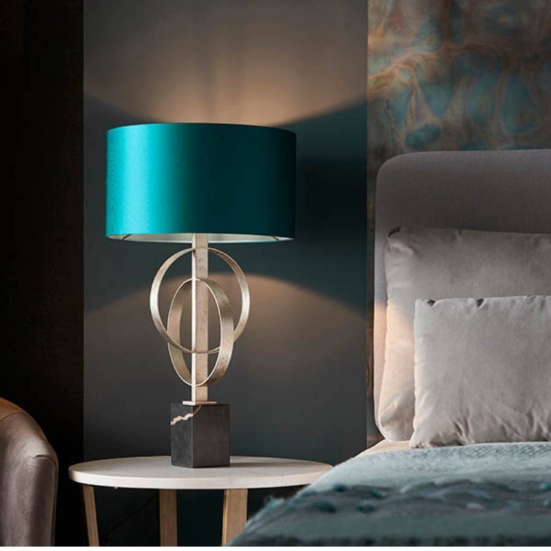 Double Hoop Silver Leaf Table Lamp with Teal Shade