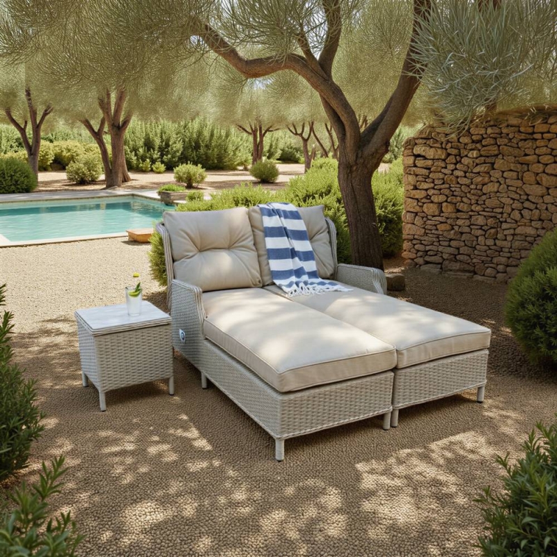 Valencia Rattan Double Lounger Set With Side Table