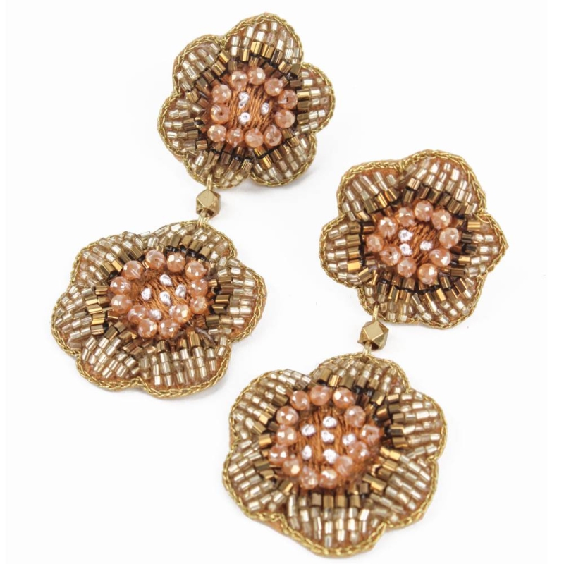 My doris Golden Colour Embroidery Flower Beaded Drop Earrings