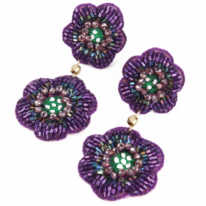 My Doris Purple Flower Beaded Drop Earrings